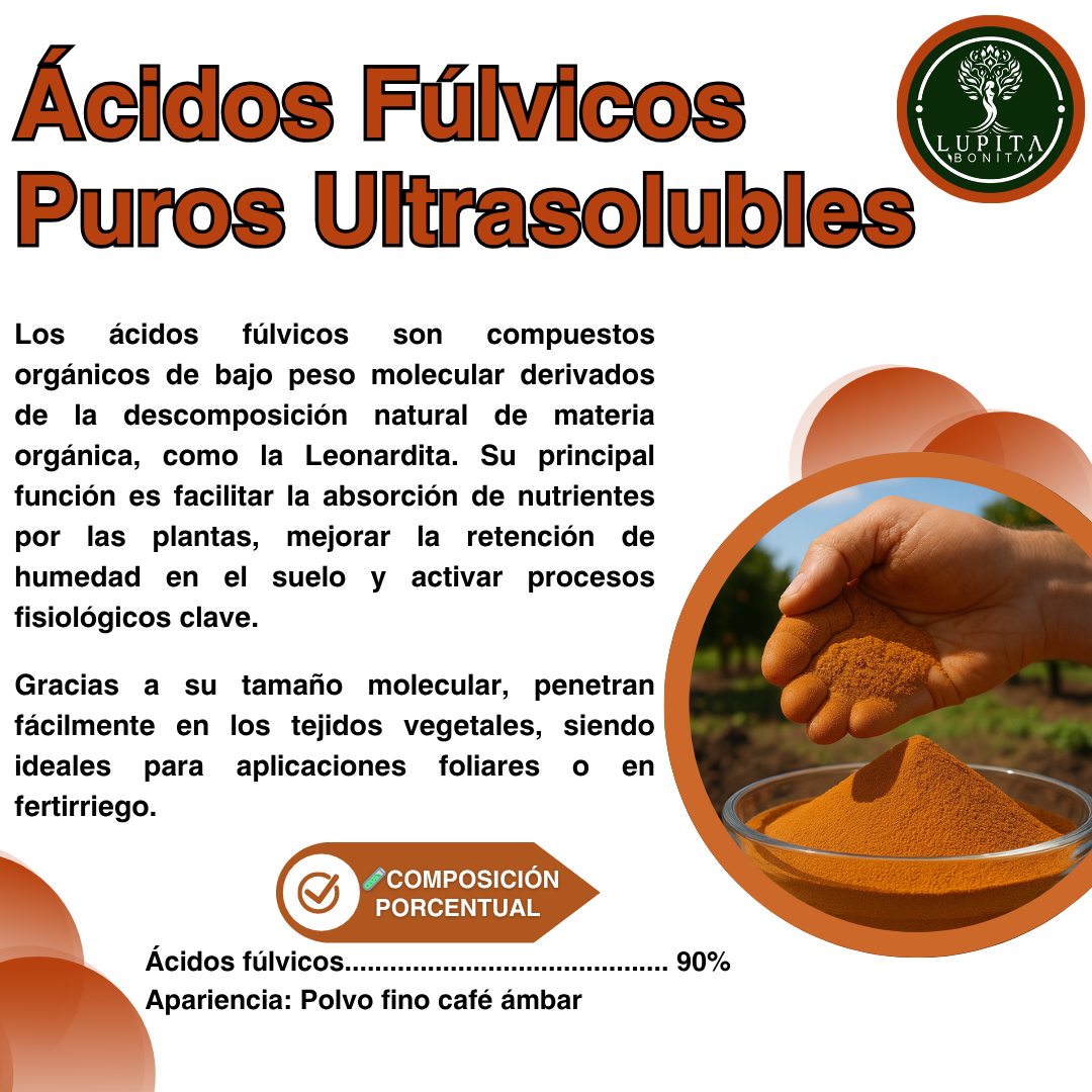 Ácidos Fúlvicos Puros Ultrasolubles – Complejo bioquímico para nutrición vegetal y gestión del estrés
