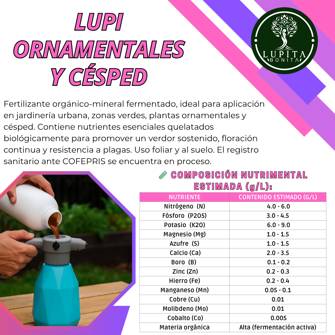 LupiOrnamentales y Césped – Fertilizante orgánico-mineral fermentado para jardines y pasto