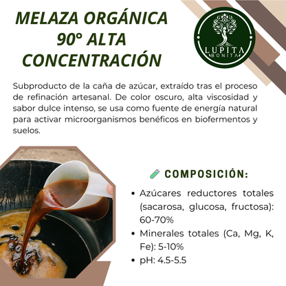 Melaza Orgánica 90° Alta Concentración – Energizante microbiológico natural para biofermentos, compostas y regeneración de suelos