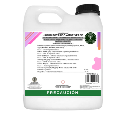 Jabón Potásico Amor Verde – Bioestimulante foliar con potasio, silicio, titanio y selenio para sanidad y resiliencia de cultivos