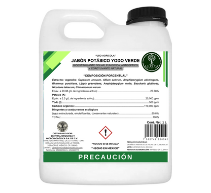 Jabón Potásico Yodo Verde – Insecticida, fungicida y bioestimulante con yodo y potasio para sanidad integral de cultivos