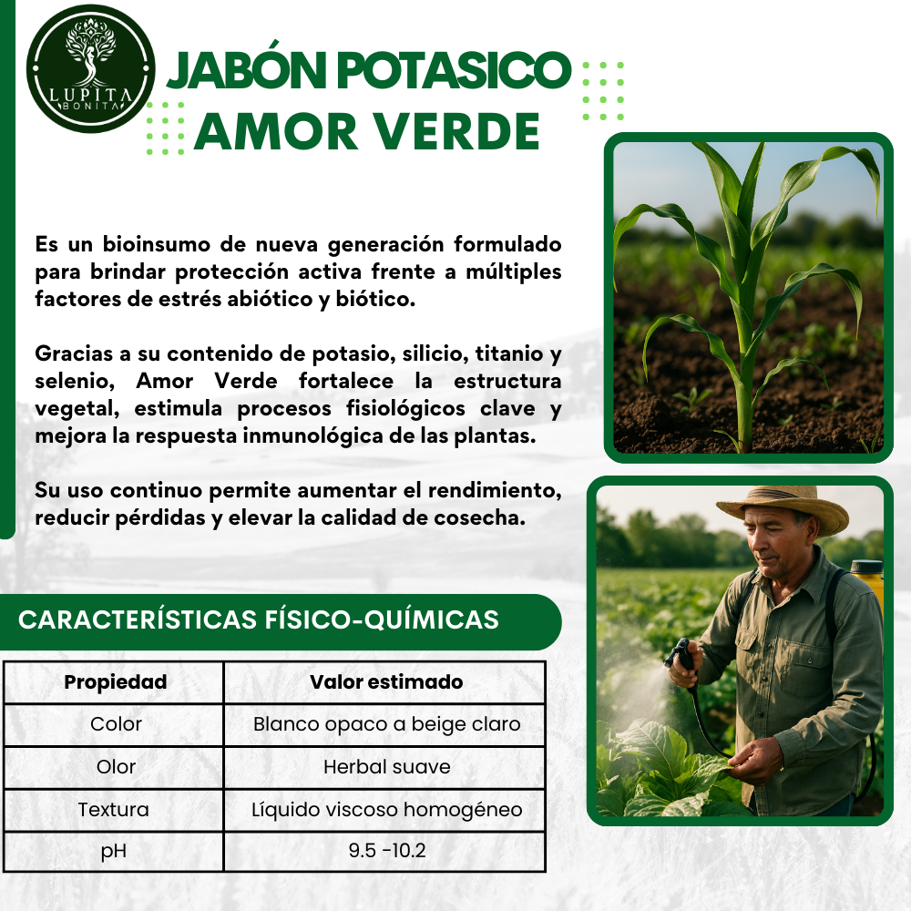 Jabón Potásico Amor Verde – Bioestimulante foliar con potasio, silicio, titanio y selenio para sanidad y resiliencia de cultivos
