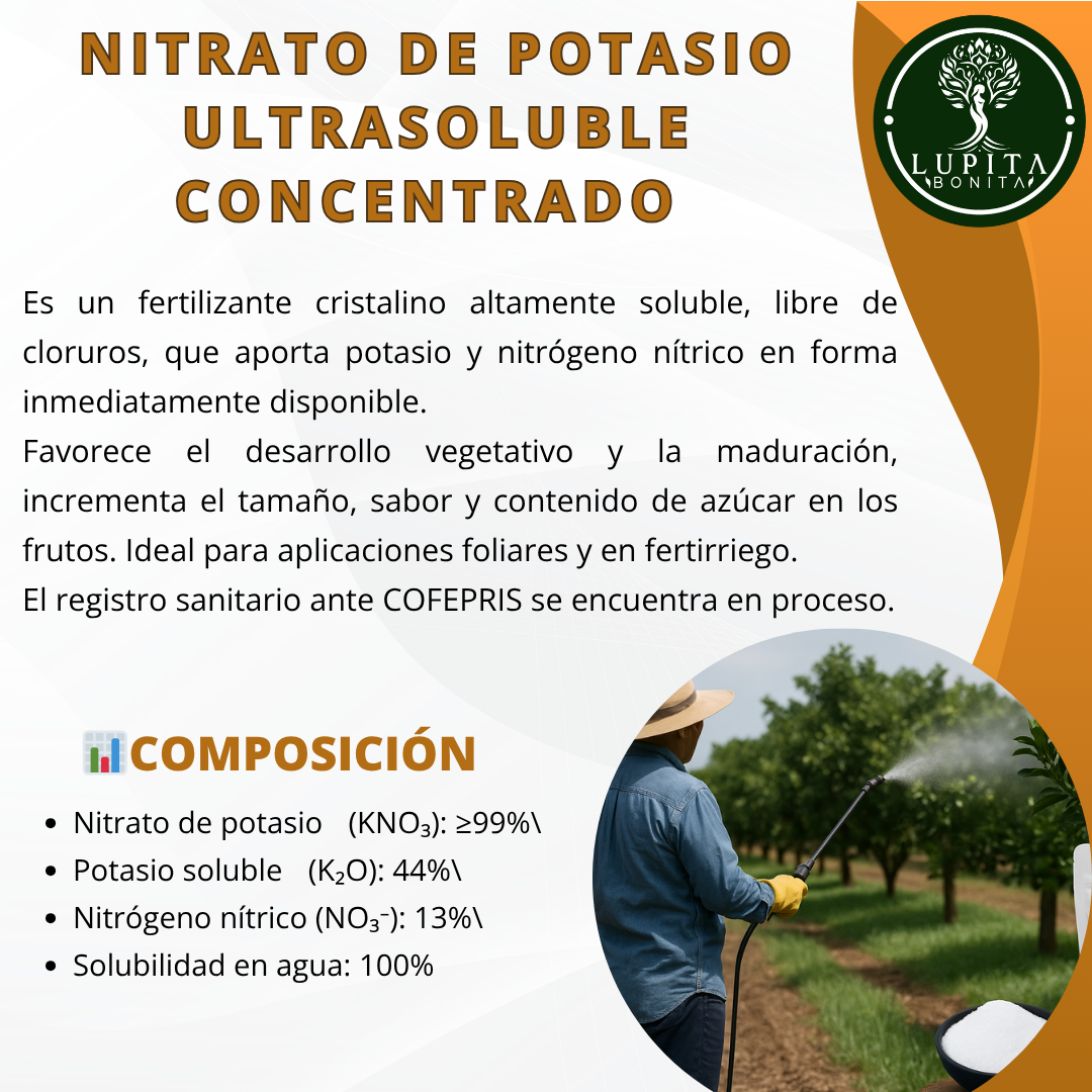 Nitrato de Potasio Ultrasoluble Concentrado – Fertilizante soluble con potasio y nitrógeno nítrico para fructificación, engorde y calidad de frutos