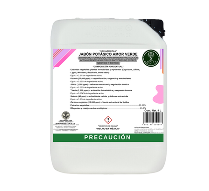 Jabón Potásico Amor Verde – Bioestimulante foliar con potasio, silicio, titanio y selenio para sanidad y resiliencia de cultivos
