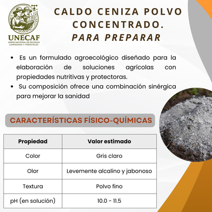 Caldo Ceniza Polvo Concentrado – Kit para preparar bioinsumo alcalino nutritivo y protector de cultivos (rinde 100 L)