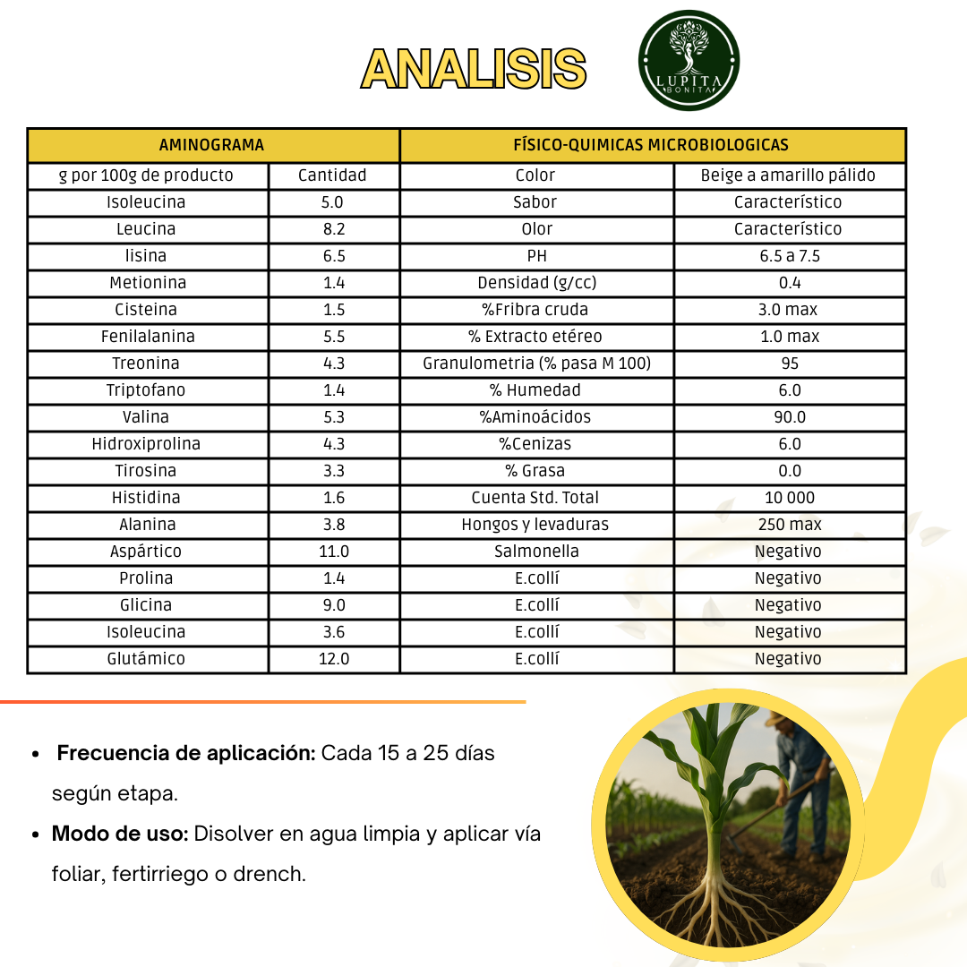 Aminoácidos Agrícolas Concentrado Ultrasoluble – Bioestimulante en polvo soluble con 90% de aminoácidos y nitrógeno orgánico