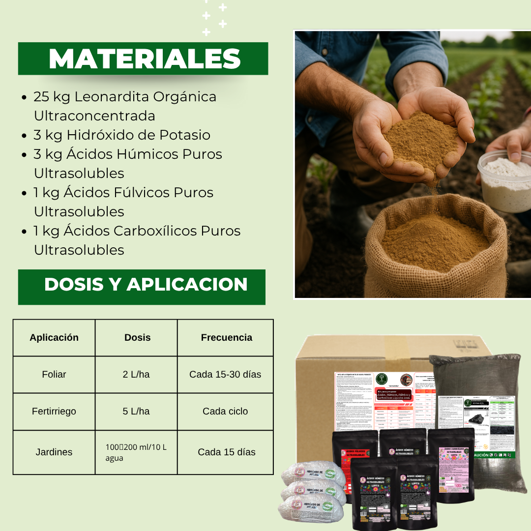 Kit Ácidos Húmicos, Fúlvicos y Carboxílicos Líquidos 200 L – Preparado educativo para bioinsumos regenerativos