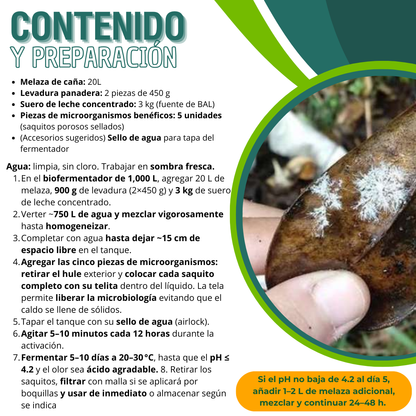 Kit para Preparar Microorganismos Benéficos Activados (1,000 L) – Biofermento líquido de alta densidad microbiana para suelos, compostas y foliar