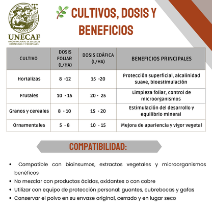 Caldo Ceniza Polvo Concentrado – Kit para preparar bioinsumo alcalino nutritivo y protector de cultivos (rinde 100 L)