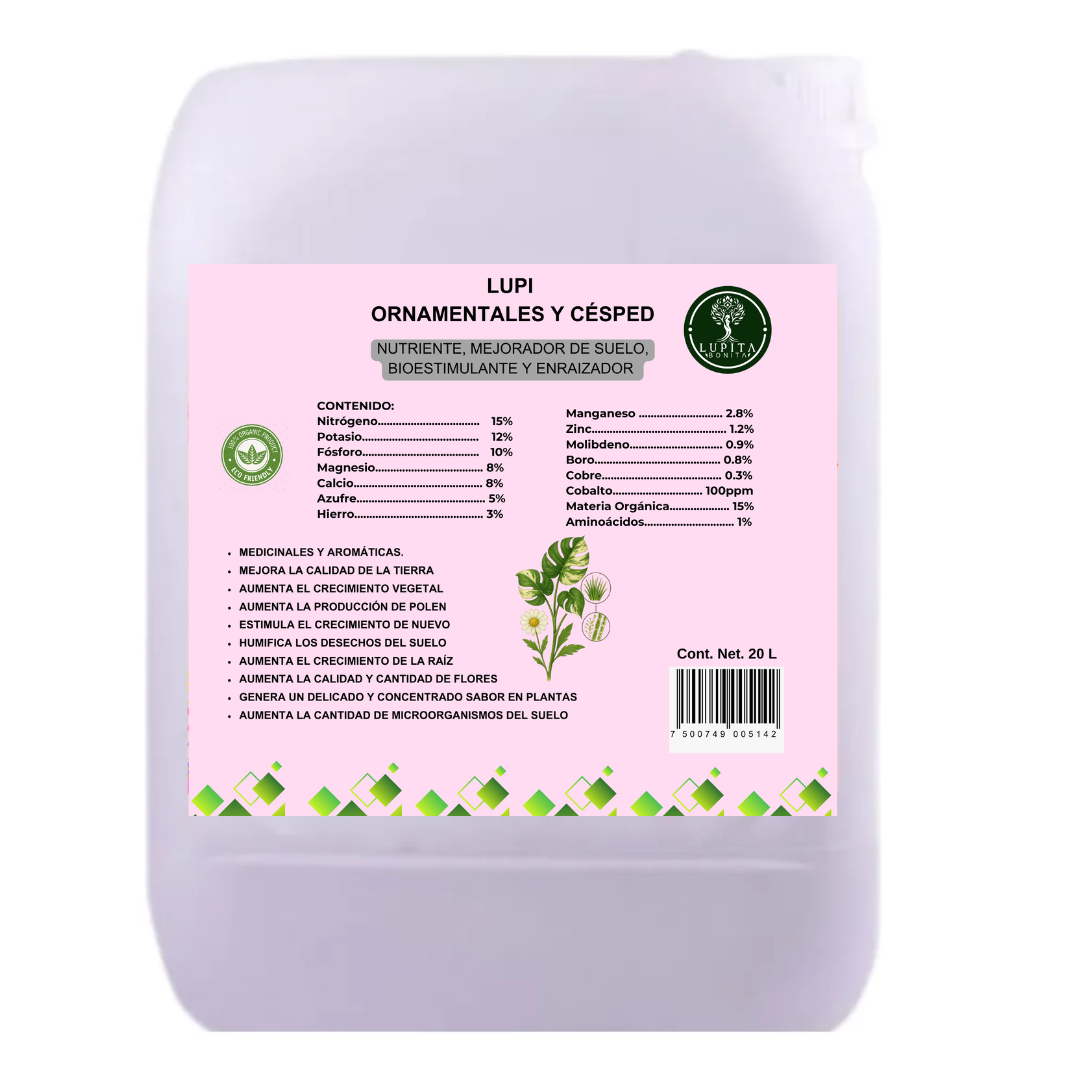 LupiOrnamentales y Césped – Fertilizante orgánico-mineral fermentado para jardines y pasto